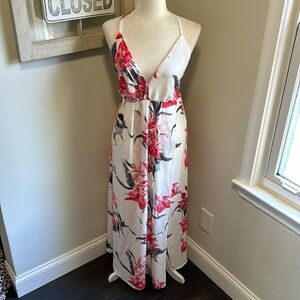 Simplee Floral Halter Neck Maxi Dress With Slit White Coral Black Gray NWT